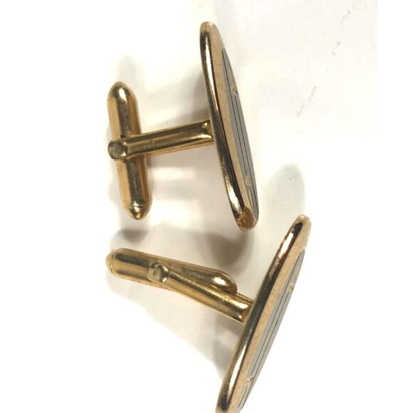 Vintage Gold Tone Cufflinks Gray Brushed Metal Oval Dual Sword Design - Picture 2 of 3